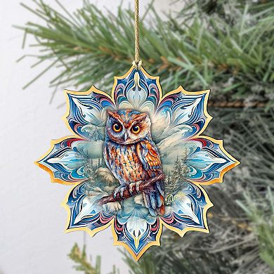 Set Of 2 - Great Horned Owl Snowflake Wooden Christmas Ornaments By G. Debrekht