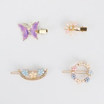 Fashion Butterfly Flowers Hair Clips Gold Tone Purple Blue Pink 4 pc