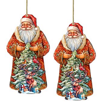 Set Of 2 - Santa With Forest Friends Wooden Christmas Ornaments By G. Debrekht
