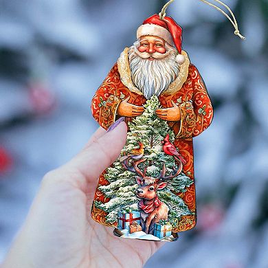 Set Of 2 - Santa With Forest Friends Wooden Christmas Ornaments By G. Debrekht
