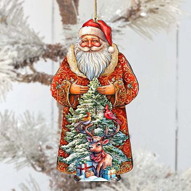 Set Of 2 - Santa With Forest Friends Wooden Christmas Ornaments By G. Debrekht