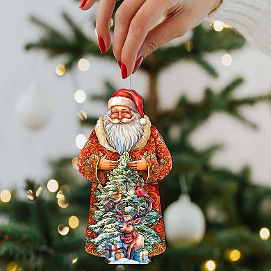 Set Of 2 - Santa With Forest Friends Wooden Christmas Ornaments By G. Debrekht