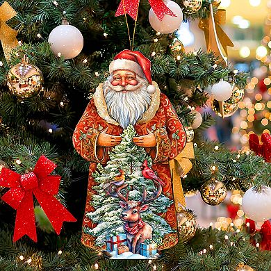 Set Of 2 - Santa With Forest Friends Wooden Christmas Ornaments By G. Debrekht