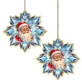 Set Of 2 - Santa Face Snowflake Wooden Christmas Ornaments By G. Debrekht