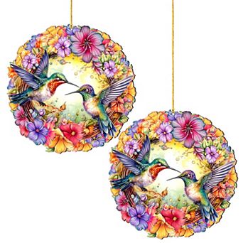 Set Of 2 - Hummingbirds Wreath Christmas Wooden Christmas Ornaments By G. Debrekht