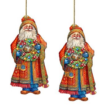 Set Of 2 - Santa's Wreath Of Joy Wooden Christmas Ornaments By G. Debrekht