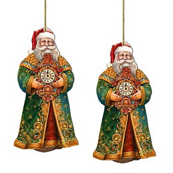 Set Of 2 - St. Nick's Magic Clock Wooden Christmas Ornaments By G. Debrekht