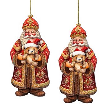 Set Of 2 - Santa's Teddy Bear Hug Wooden Christmas Ornaments By G. Debrekht