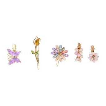 Fashion Grace Butterfly Flowers Hair Clips Gold Tone Purple Blue 5 pc