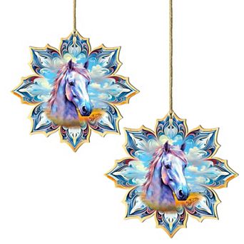 Set Of 2 - White Horse Snowflake Wooden Christmas Ornaments By G. Debrekht