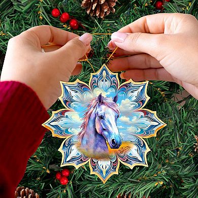 Set Of 2 - White Horse Snowflake Wooden Christmas Ornaments By G. Debrekht