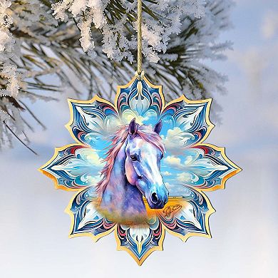 Set Of 2 - White Horse Snowflake Wooden Christmas Ornaments By G. Debrekht