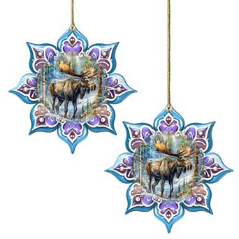 Set Of 2 - Moose Snowflake Wooden Christmas Ornaments By G. Debrekht