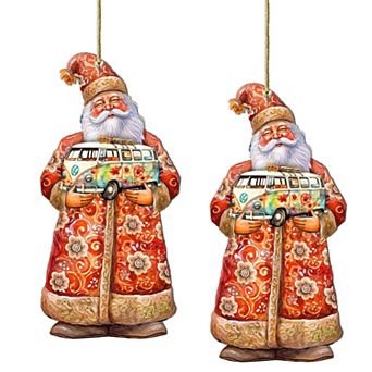 Set Of 2 - Santa With Van Wooden Christmas Ornaments By G. Debrekht