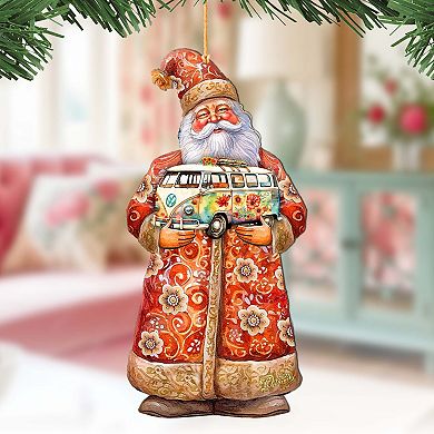 Set Of 2 - Santa With Van Wooden Christmas Ornaments By G. Debrekht