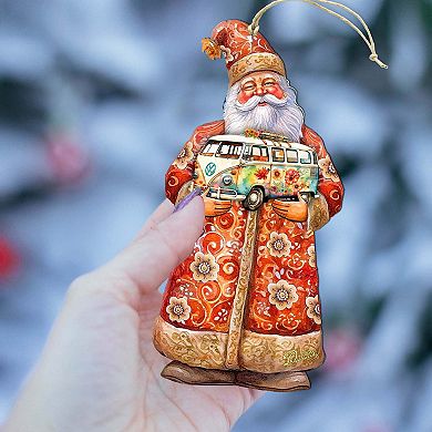Set Of 2 - Santa With Van Wooden Christmas Ornaments By G. Debrekht