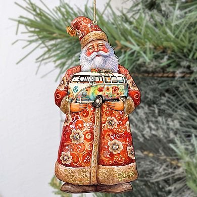 Set Of 2 - Santa With Van Wooden Christmas Ornaments By G. Debrekht