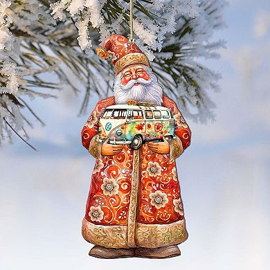 Set Of 2 - Santa With Van Wooden Christmas Ornaments By G. Debrekht