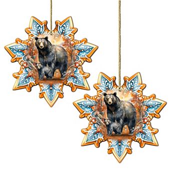 Set Of 2 - Black Bear Snowflake Wooden Christmas Ornaments By G. Debrekht