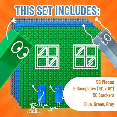 Brik Tower - 6 Baseplates & 50 Stackers In Blue Green & Gray - 56 Pc