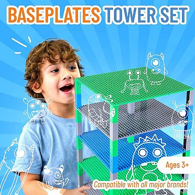 Brik Tower - 6 Baseplates & 50 Stackers In Blue Green & Gray - 56 Pc