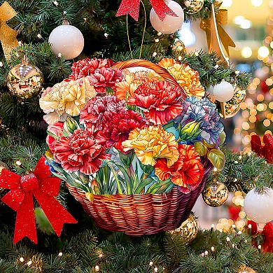 Set Of 2 - Carnation Basket Wooden Christmas Ornaments By G. Debrekht