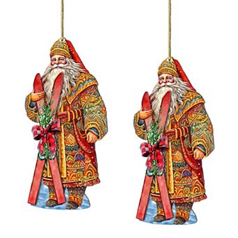 Set Of 2 - Santa's Skiing Adventure Wooden Christmas Ornaments By G. Debrekht