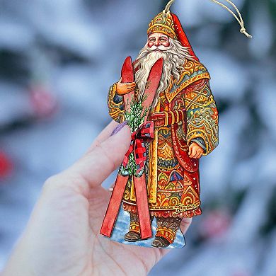 Set Of 2 - Santa's Skiing Adventure Wooden Christmas Ornaments By G. Debrekht