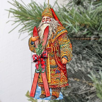 Set Of 2 - Santa's Skiing Adventure Wooden Christmas Ornaments By G. Debrekht
