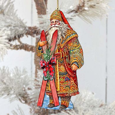 Set Of 2 - Santa's Skiing Adventure Wooden Christmas Ornaments By G. Debrekht