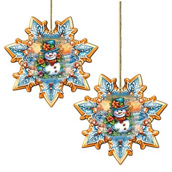 Set Of 2 - Snowman Snowflake Wooden Christmas Ornaments By G. Debrekht