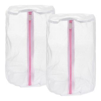 2 pc 8.7"x13" Cylinder Fine Mesh Laundry Bags Shoes Washing Bag, White Pink