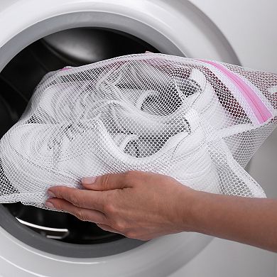 2 Pcs 8.7"x13" Cylinder Fine Mesh Laundry Bags Shoes Washing Bag, White Pink
