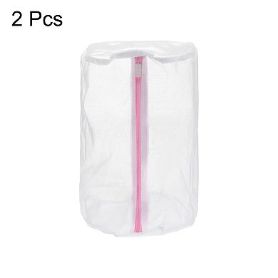 2 Pcs 8.7"x13" Cylinder Fine Mesh Laundry Bags Shoes Washing Bag, White Pink