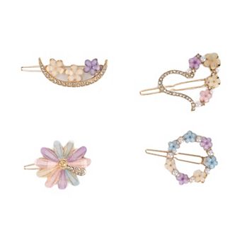 Fashion Grace Flowers Heart Hair Clips Gold Tone Purple Pink 4 pc