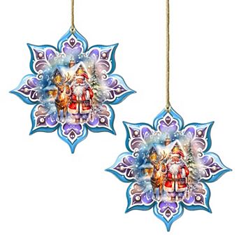 Set Of 2 - Santa With Reindeer Snowflake Wooden Christmas Ornaments By G. Debrekht