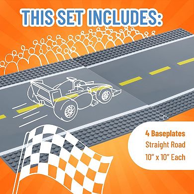 Stackable Road Plates, 4 Straight Building Baseplates, 4 Pack, 10x10 Inches
