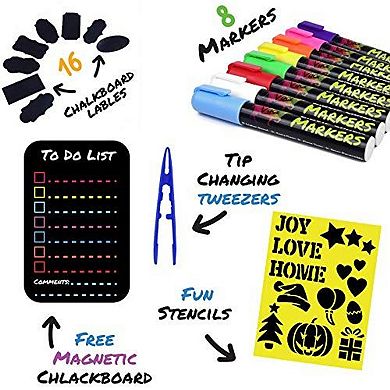 8 Multicolored Liquid Chalk Markers With Magnetic Blackboard, Stencils & Labels
