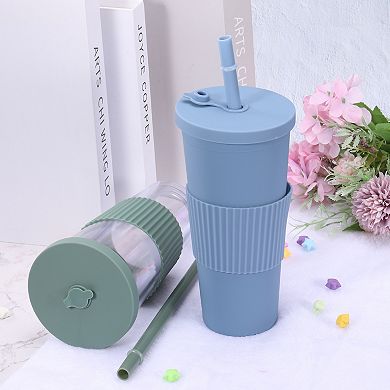Boba Cups With Lid Straw, Insulated Double Wall Acrylic Tumbler Cups With Wide Straw & Clean Brush