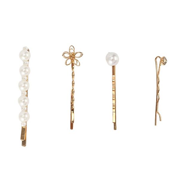 Simple One-word Faux Pearl Hair Clips Hairdo Clip Gold Tone  display picture 1