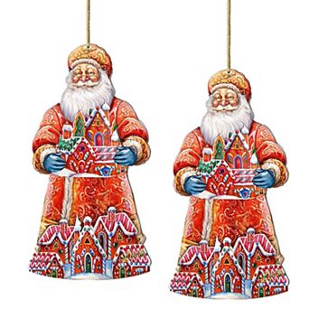 Set Of 2 - Santa And The Gingerbread House Wooden Christmas Ornaments By G. Debrekht