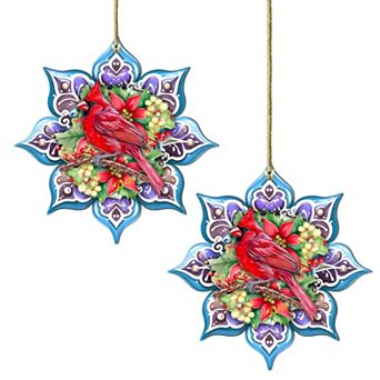 Set Of 2 - Cardinal Snowflake Wooden Christmas Ornaments By G. Debrekht