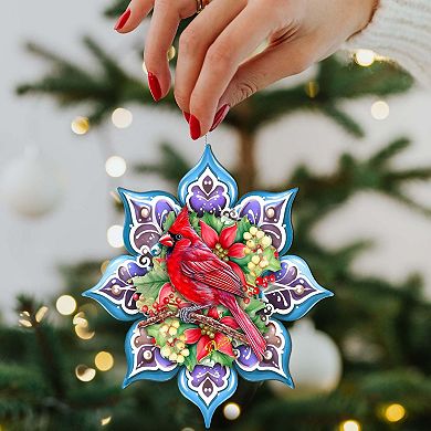 Set Of 2 - Cardinal Snowflake Wooden Christmas Ornaments By G. Debrekht