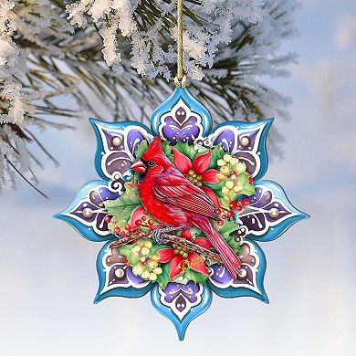 Set Of 2 - Cardinal Snowflake Wooden Christmas Ornaments By G. Debrekht