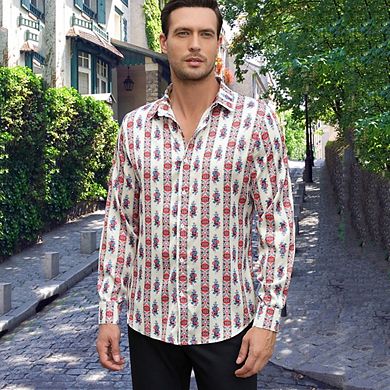 Men's Floral Jacquard Dress Shirt Long Sleeve Button Down Shirts