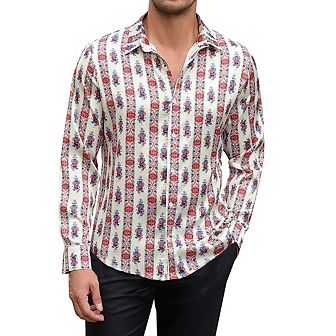 Men's Floral Jacquard Dress Shirt Long Sleeve Button Down Shirts
