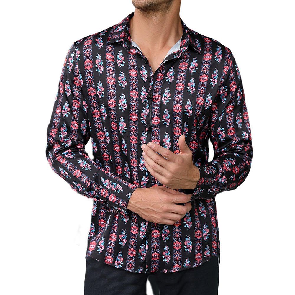 Men's Floral Jacquard Dress Shirt Long Sleeve Button Down Shirts