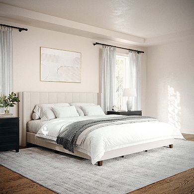 Martha Stewart Upholstered Platform Bed with Channel Stitched Wingback Headboard