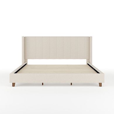 Martha Stewart Upholstered Platform Bed with Channel Stitched Wingback Headboard