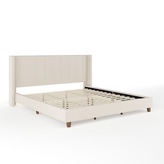 Martha Stewart Upholstered Platform Bed with Channel Stitched Wingback Headboard